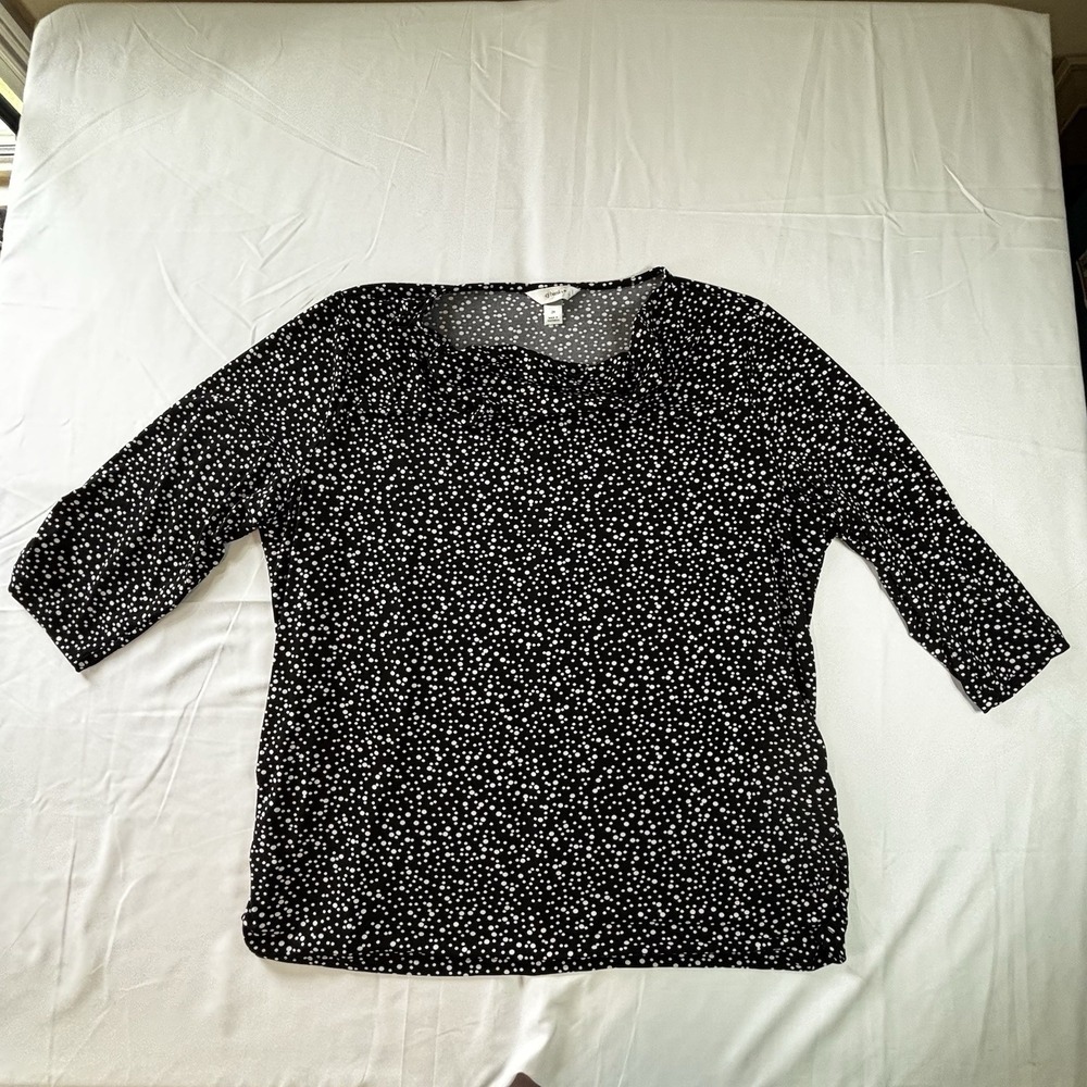 CJ Banks Tunic Blouse Womens Size 2x Black White Polka Dots Cowl Neck Stretch